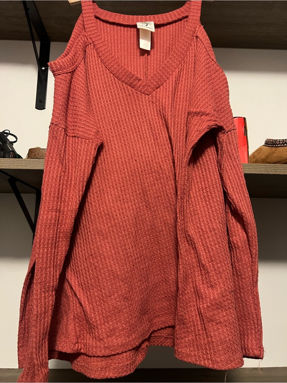 Self Esteem Off-the-Shoulder Waffle Knit Sweater - Rust